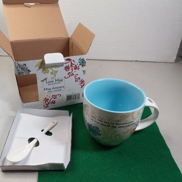 Adeline Floral Love Mug with Spoon In Box Blue inside Cottagecore Grandmacore - Picture 1 of 9